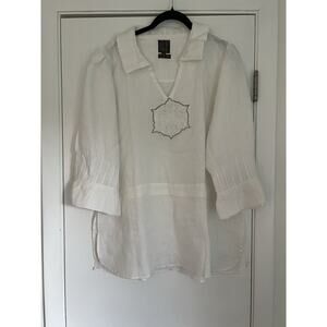 ELF by Dressline 100% Linen V-Neck White Blouse Tunic Ruffle Collared Size M